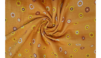 10cm Musselin Windelstoff Doppelgewebe bedruckt Blumenkreise auf Altorange   (Grundpreis € 15,00/m)